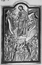 『テューリンゲン方伯の詩篇』写本より「キリスト昇天」、1211/13年ごろ、シュットットガルト、ヴュルテンベルク州立図書館所蔵写本（Cd.HB II 24, fol.109v.）