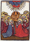 木版画「キリスト昇天」（手彩色）、15世紀半ば