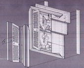 タルシア技法図解　フェデリーコ・ダ・モンテフェルトロのストゥディオーロ（メトロポリタン美術館）（図14の右端の画面に相当）水平に板を4枚重ねて支持板とし、その上に大小の木片を置き、その上からさらに小さな木片を象嵌する。背後に縦に補強材2本を添える