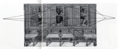 フェデリーコ・ダ・モンテフェルトロのストゥディオーロ（グッビオ、現在ニューヨーク・メトロポリタン美術館）　透視遠近法構成図解　消失点に収斂する空間構成　The Liberal Arts Studiolo from the Ducal Palace at Gubbio (The Metropolitan Museum of Art, New York, s.d.) より